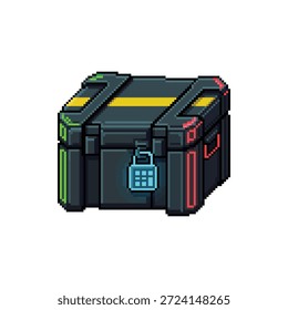 Ein einzelnes, isoliertes Pixel-Art-Sprite einer Military Ammo Crate mit einem digitalen Lock-Pad im 16-Bit-Neon-Tech-Stil.