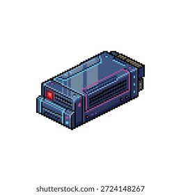 Ein einzelnes, isoliertes Pixel-Art-Sprite eines Computer-Server-Blades mit rotem Statuslicht im 16-Bit-Neon-Tech-Stil.