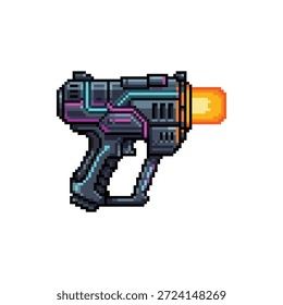 Ein einzelnes, isoliertes Pixel-Art-Sprite eines Plasma-Cutter-Tools mit einer leuchtend orangefarbenen Spitze im 16-Bit-Neon Tech-Stil.