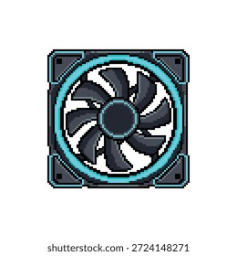 Ein einzelnes, isoliertes Pixel-Art-Sprite eines PC-Lüfters mit RGB-Cyan-Beleuchtung im 16-Bit-Neon-Tech-Stil.