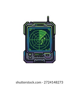 Ein einzelnes, isoliertes Pixel-Art-Sprite eines Bio-Scanner-Geräts mit Radarschirm im 16-Bit-Neon-Tech-Stil.
