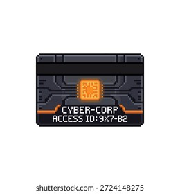 Ein einzelnes, isoliertes Pixel-Art-Sprite einer digitalen Keycard mit einem glühenden Zugriffschip im 16-Bit-Neon-Tech-Stil.