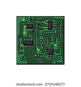 Ein einzelnes, isoliertes Pixel-Art-Sprite einer elektronischen Platine mit grüner Platine im 16-Bit-Neon-Tech-Stil.