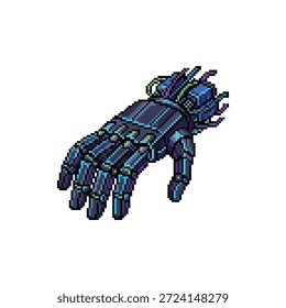 Ein einzelnes, isoliertes Pixel Art Sprite einer Roboter-Handprothese mit Chrombeschichtung im 16-Bit Neon Tech Stil.