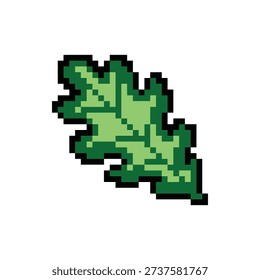 A single isolated pixel art sprite of a classic green oak leaf with a thick black outline.