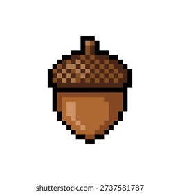 A single isolated pixel art sprite of a brown forest acorn with a textured cap.
