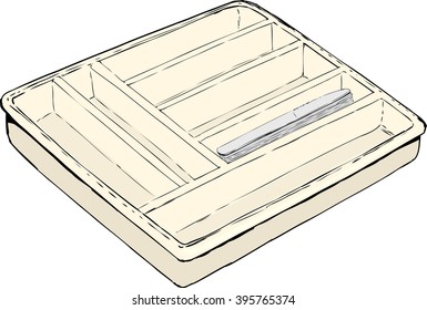 Single isolated rectangular silverware tray with stack of table knives inside