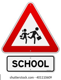 Single isolated school warning sign with running children symbols in red triangle