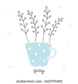 Single isolated vector doodle illustration on white background; spring branches with leaves in blue polka dot cup.