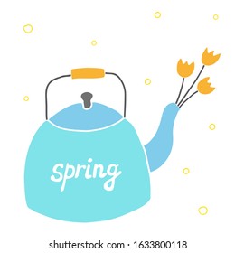 Single isolated vector doodle illustration on white background; spring tulips in a blue kettle.