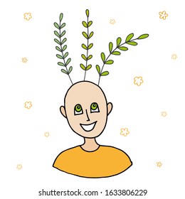 Single isolated vector doodle illustration on white background; spring branches with leaves on a man head.
