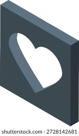 Forma isométrica única del corazón 3D recortada en la ilustración cuadrada del bloque para la interfaz de usuario creativa y el diseño romántico del App