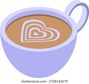 Ilustración 3D isométrica única de una taza de café púrpura con arte de café con leche en forma de corazón para la marca de cafetería y diseño de contenido de redes sociales