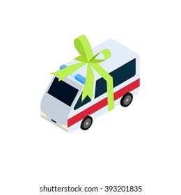 Single isometric white and red ambulance with green gift ribbon wrapped around it