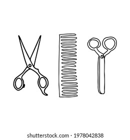Single items on the theme of barbershop. Vector illustration of elements for the design of barbershops, posters, signage, postcards, stickers and salons. Doodle isolated on white background