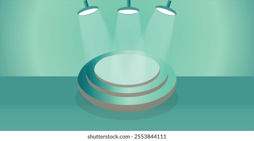 A single jade-colored podium is being spotlit by three lights.
