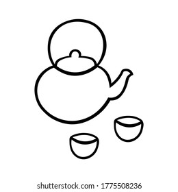Single Japanese tea set teapot and two cups in ink Isolated on white background. Hand drawn vector decorative element in doodle style for decoration, postcard, flyer, banner, stickers or website
