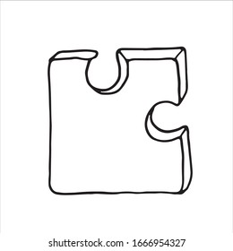 Single jigsaw puzzle isolated on white background. Somple hand drawn vector illustration in cartoon doodle style. Element as symbol of board games, piece of team building.  