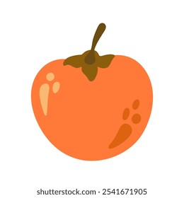 Single juicy persimmon autumnal fruit. Hand drawn cartoon illustration.