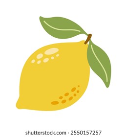 Um único limão inteiro suculento com folhas. ilustração desenhada à mão de frutas de verão de desenho animado