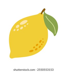 Um único limão inteiro suculento com folhas. ilustração desenhada à mão de frutas de verão de desenho animado