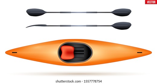 Single Kayak and paddle for extreme water sports. Top view of Equipment whitewater slalom canoeing. Vector Illustration isolated on white background.