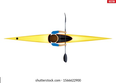 Single Kayak with paddler inside. Classic water sports. Top view of Equipment whitewater sprint kayaking. Vector Illustration isolated on white background.