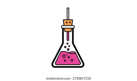 Single laboratory flask with a stopper containing a bubbling pink liquid isolated on a plain white background.