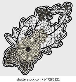 Single lace element. Embroidered lacy flower with leaves, isolated on a light background. Vector illustration