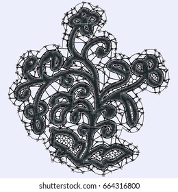 Single lace flower. Black weave on white background. Vector illustration.