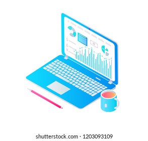 Single laptop on table isolated, cartoon vector banner. Open working tablet with diagrams and charts on screen surrounded with cup of tea and pencil