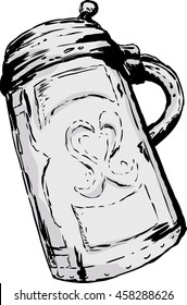 Single large antique German tankard with closed lid over white background