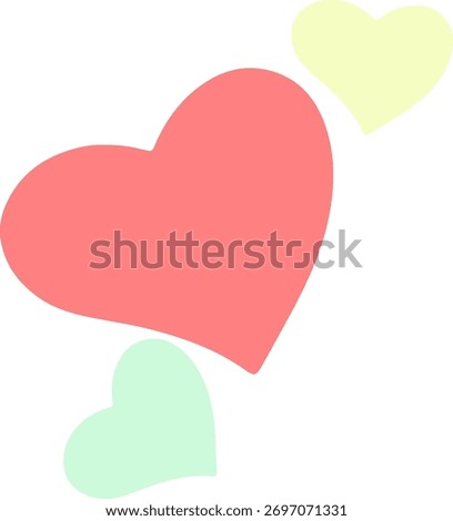 Single large, asymmetrical red heart placed above two small pastel-colored heart shapes.