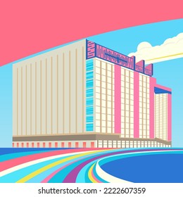 A single large building against the background of a blue sky and an abstract road made of colored lines
