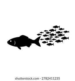 A single large fish swims ahead, followed by a group of smaller fish, symbolizing leadership and following.