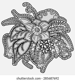 A single large flower lace. Black delicate bouquet isolated on white background. Vector illustration.