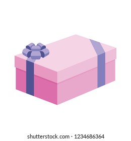 Single large pink present  gift boxes with purpple ribbon bow flat design. Vector isometric illustration isolated on white background