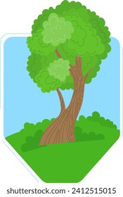 Single large tree with green canopy on a patch of grass, clear sky background, nature scene. Green environment and tranquility concept vector illustration.