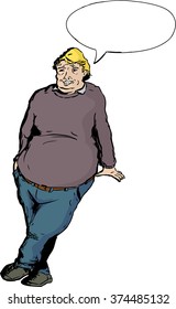 Single laughing blond chubby mature man leaning over isolated white background with word bubble