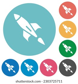 Single launched rocket flat white icons on round color backgrounds