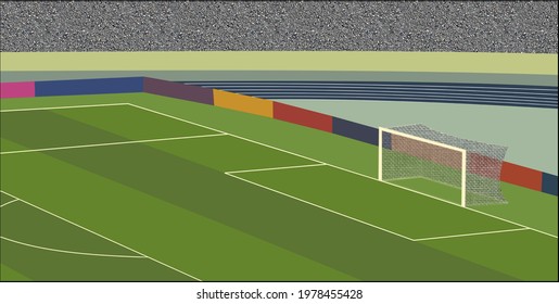 A single layer vector illustration of a soccer pitch complete with surrounding track as well as stands. 