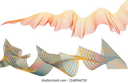 A single layered blended wave with a flared edge in gradient orange colors paired with a complex striped gradient ribbon wave with thick lines in earth tone hues.