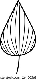 A single leaf with bold outlines and detailed veins in a clean drawing style. The leaf's structure is emphasized with strong lines and a pointed tip. Cartoon vector illustration.