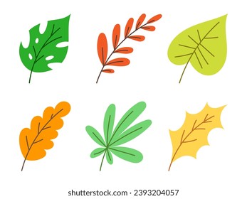 Single leaf cartoon set. Green yellow and red flat leaves. Simple spring summer and autumn foliage isolated on white