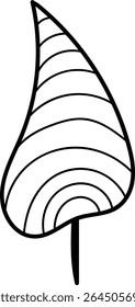 A single leaf with curved lines in a bold outline style. The leaf features a spiral pattern and a pointed tip. Cartoon vector illustration.