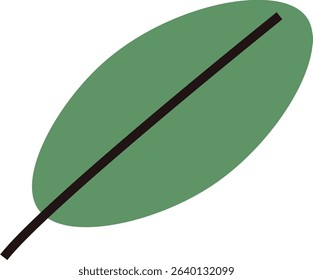 A single leaf with a dark stem in a flat style. The leaf is oval and features a bold line running through it. Cartoon vector illustration.