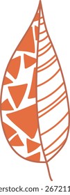 A single leaf with geometric shapes and lines in a stylized drawing. The leaf design features abstract forms and linear patterns. Cartoon vector illustration.