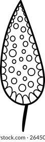 A single leaf outlined with circular patterns in a bold line drawing style. The leaf features various sized circles creating an abstract texture. Cartoon vector illustration.