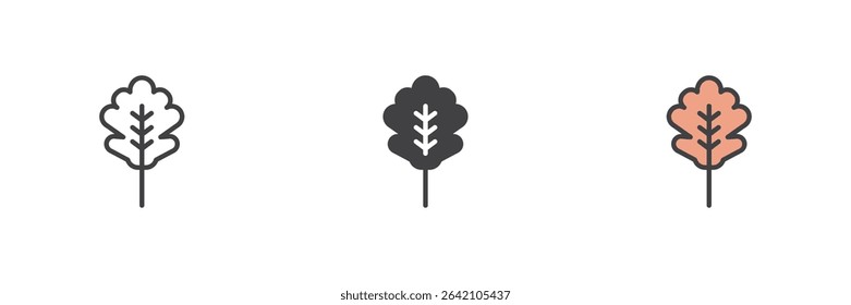 Single leaf from a tree in line, solid and filled outline icon style. Vector nature symbol with a central vein. Leaf icon set in three visual formats.