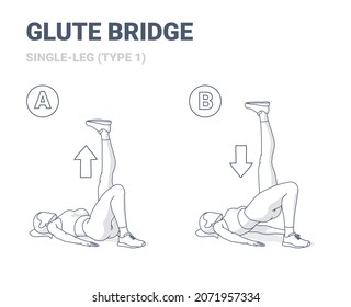 Single Leg Glute Bridge Home Workout Exercise Guidance. Fitness Woman Doing Aerobic Exercises for Weight Loss and Abs training. Vector Illustration.